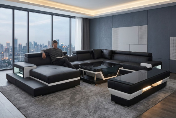 Leather sofa in U-shape with modern design for the living room