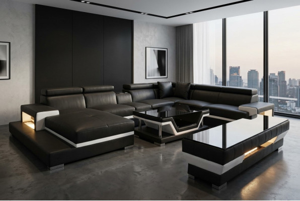 Leather sofa in U-shape with modern design for the living room