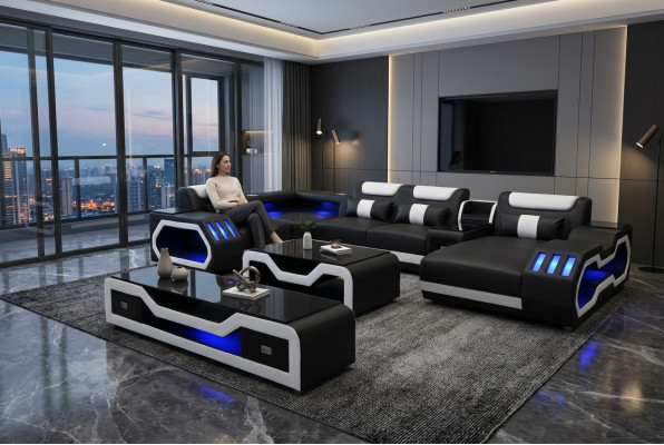 Leather Sofa Corner Set Design Sofa Living Landscape + Couch Table + RTV USB New