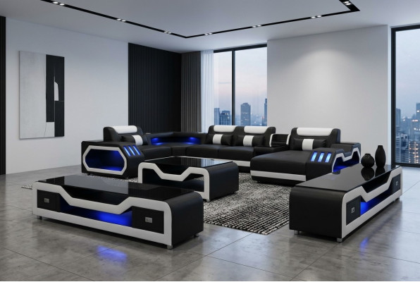 Leather Sofa Corner Set Design Sofa Living Landscape + Couch Table + RTV USB New