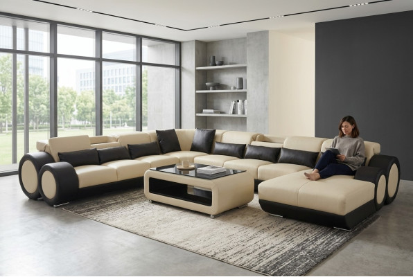Leather sofa living landscape set design modern corner sofa U-shape G8035+USB