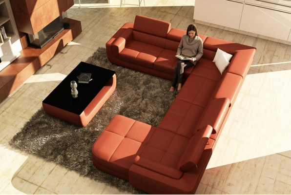 Upholstered Leather Sofa Sofa + USB Living Landscape U Shape XXL Big Orange Couch Corner Sofa