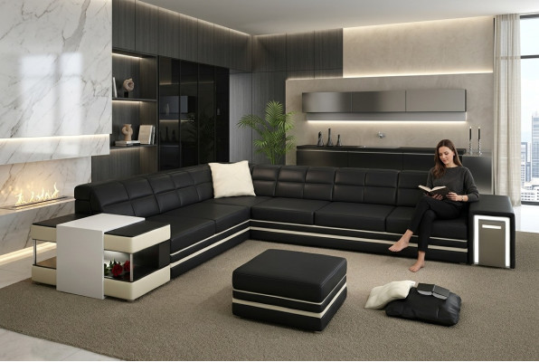 Corner sofa, sofa, USB upholstery, leather living landscape, corner suite, L-shaped leather sofa 3026