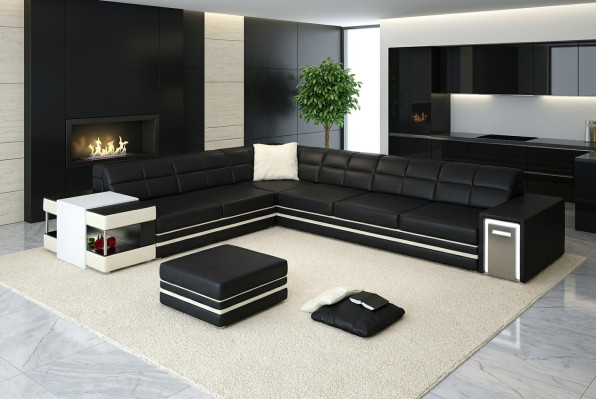 Corner sofa, sofa, USB upholstery, leather living landscape, corner suite, L-shaped leather sofa 3026