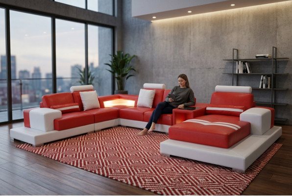 Leather sofa couch living landscape suite design modern sofa U-shape with USB light