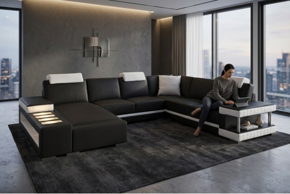 Designer leather upholstered corner sofa with USB, upholstered corner landscape room big leather