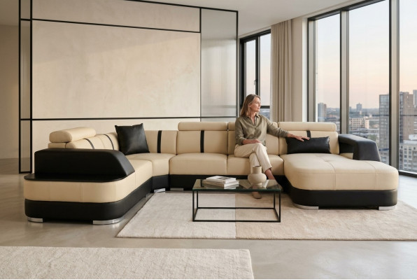 Designer landscape sofa with USB, large cushion leather sofas, corner seat, black