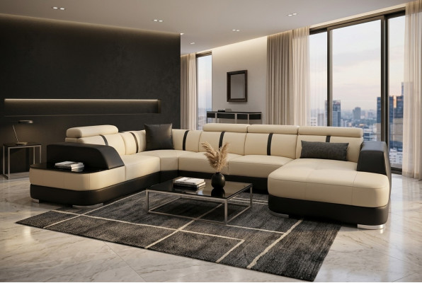 Designer landscape sofa with USB, large cushion leather sofas, corner seat, black