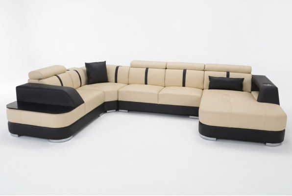 Designer landscape sofa with USB, large cushion leather sofas, corner seat, black