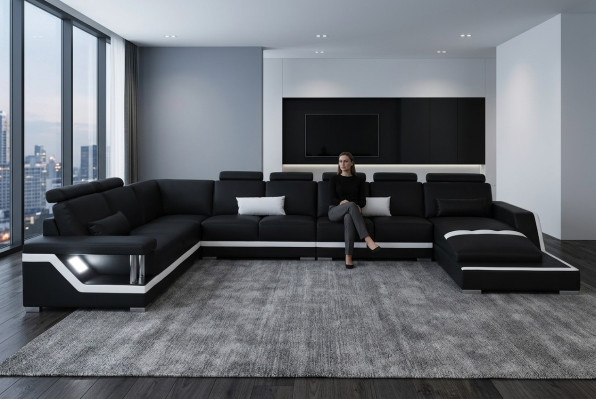 Leather sofa living area corner suite design sofa U-shape + chaise with USB L6002