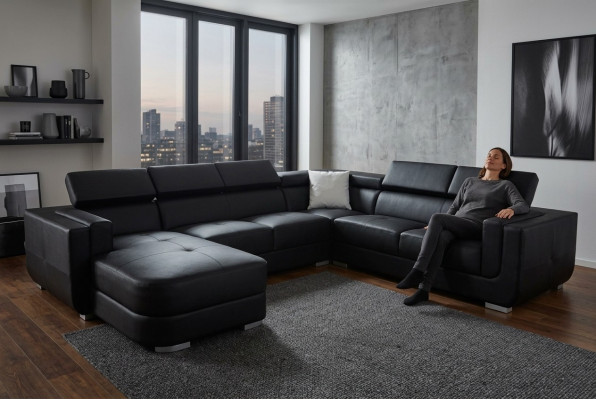 Designer living area corner couch +USB sofa cushion leather sofa sofas new black