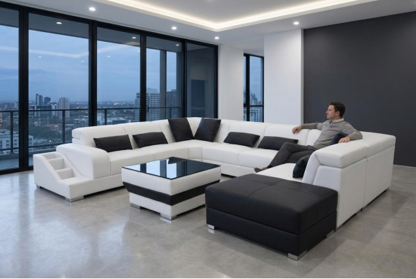 Leather corner sofa living landscape set design modern couch sofas USB LED ottoman