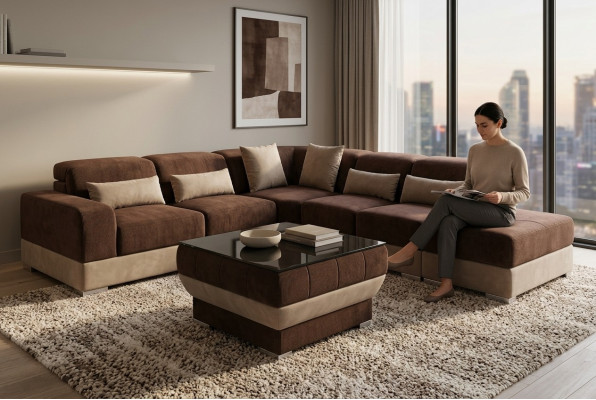 Leather corner sofa living area set design couch sofas USB LED brown + table