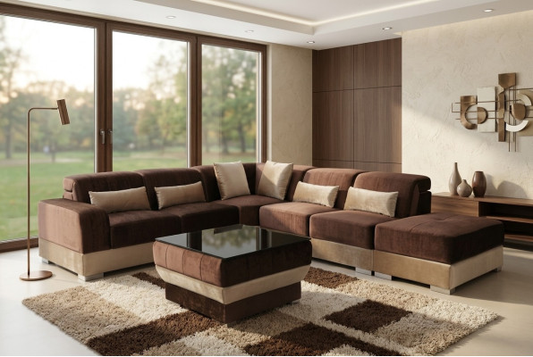 Leather corner sofa living area set design couch sofas USB LED brown + table