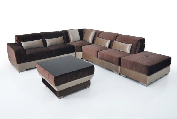 Leather corner sofa living area set design couch sofas USB LED brown + table