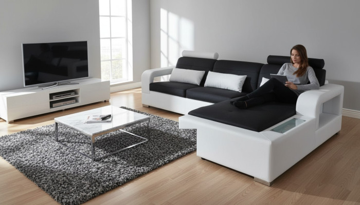 Leather sofa with USB living landscape corner set design modern sofa L-shape L6008