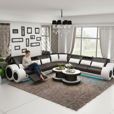 Designer sofa landscape with USB, large cushion leather sofas corner seat, black