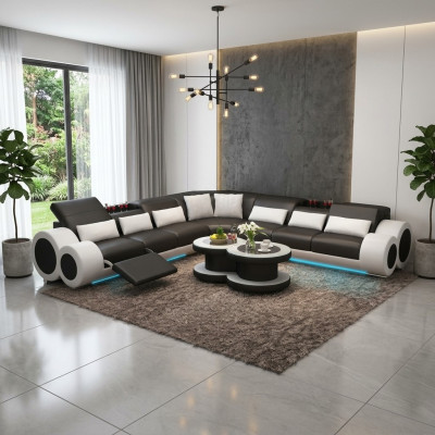 Designer sofa landscape with USB, large cushion leather sofas corner seat, black
