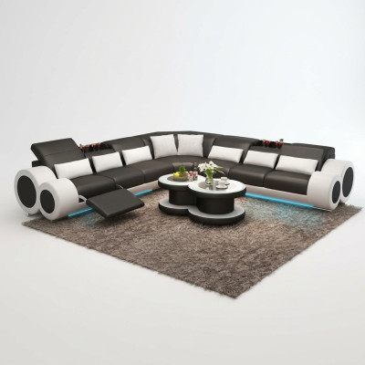 Designer sofa landscape with USB, large cushion leather sofas corner seat, black
