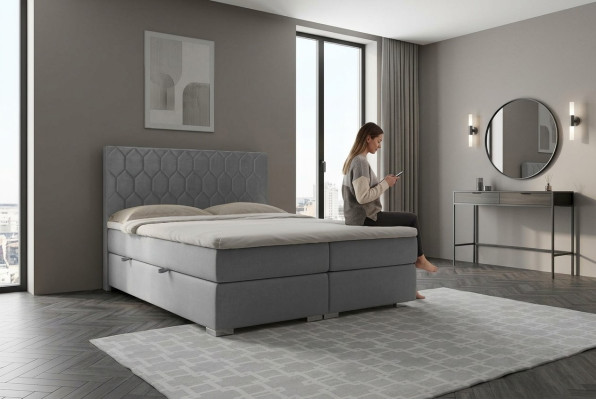 Box spring bed hotel double 180x200cm luxury beds upholstery function box gray