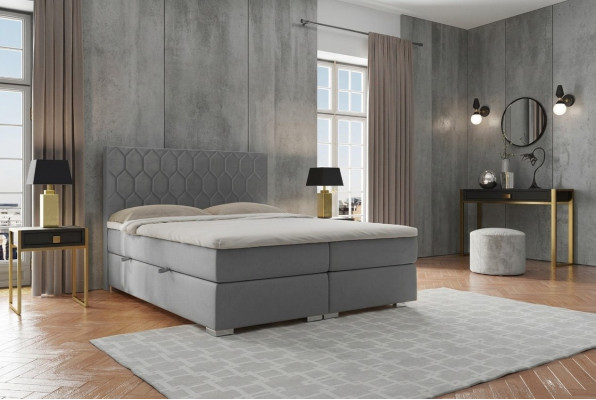Box spring bed hotel double 180x200cm luxury beds upholstery function box gray