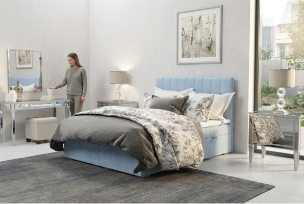 Box spring bed hotel double blue velvet luxury beds upholstered bed frame 180x200