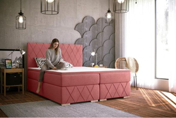 Complete Set Mattress & Topper Box Spring Bed Pink Upholstery 180x200cm Beds New