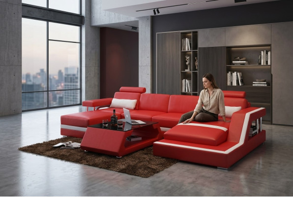 Designer corner sofa, sofa seating landscape, big modern leather sofa + USB, couch upholstery