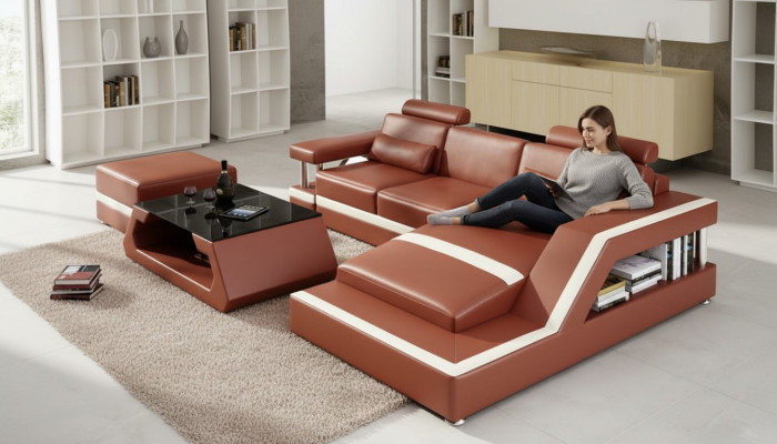 Leather sofa with USB, living landscape corner sofa, corner suite, design modern sofa L6002E