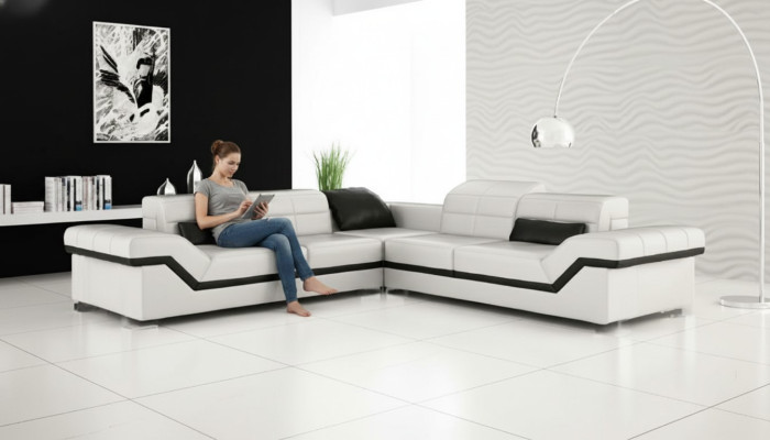 Leather Sofa XXL Living Area Couch Design Sofa with USB Corner Sofa Sofa Set White