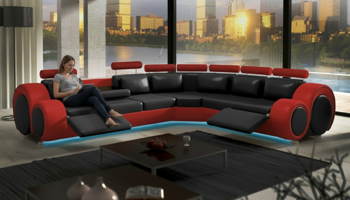 Leather sofa with USB design, leather corner sofa living area "BERLIN"