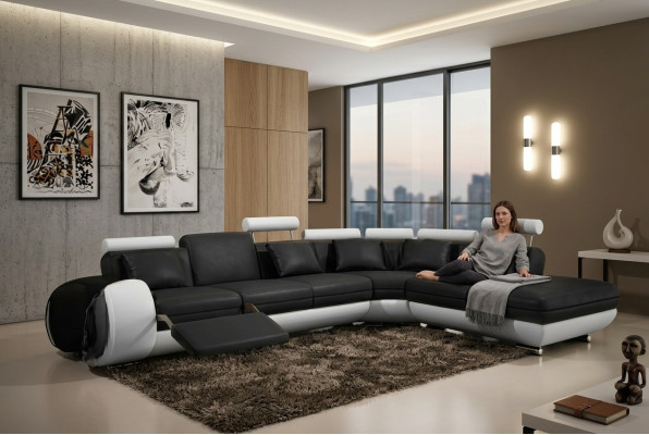 LEATHER SOFA LEATHER COUCH with USB SUITE SOFA LIVING LANDSCAPE BLACK/WHITE Couch New