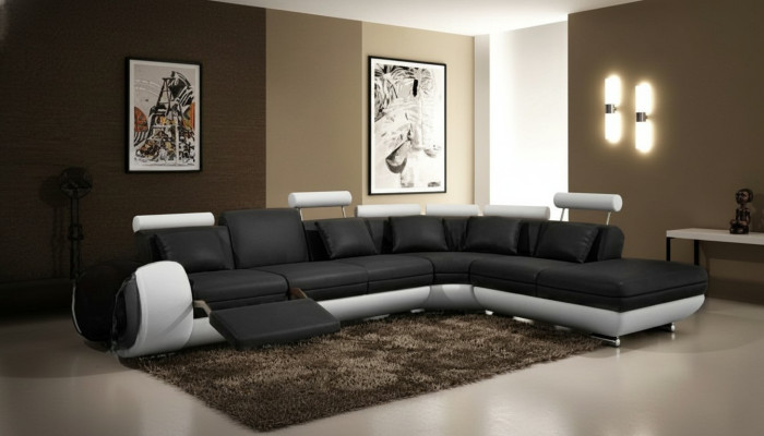 LEATHER SOFA LEATHER COUCH with USB SUITE SOFA LIVING LANDSCAPE BLACK/WHITE Couch New