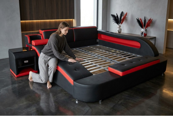 Double Luxury Leather Bed +USB Upholstered Beds Modern Hotel Multifunction