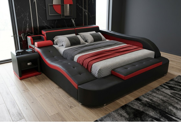 Double Luxury Leather Bed +USB Upholstered Beds Modern Hotel Multifunction