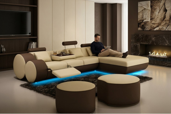 Designer leather corner sofa living landscape leather couch + USB sofa set corner couch Madrid