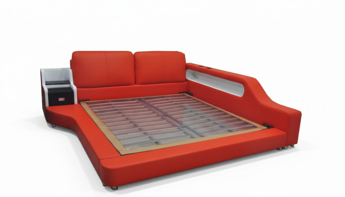 Double luxury design leather bed with USB hotel multifunction