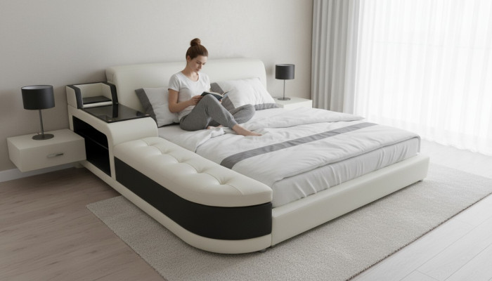 Designer upholstered bed for the bedroom made from high-quality materials