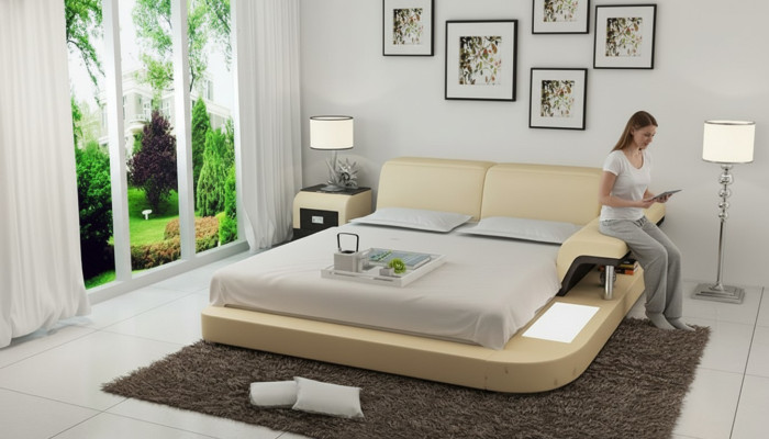 Design Bed XXL Big Leather Hotel Upholstered 180x200 Multifunction Shelf USB