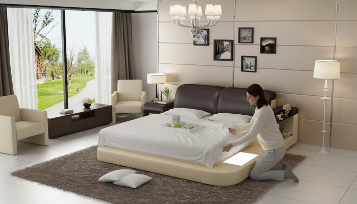 Design Bed XXL Big Beds Leather Upholstery Hotel 200x200cm Multifunction Shelf USB