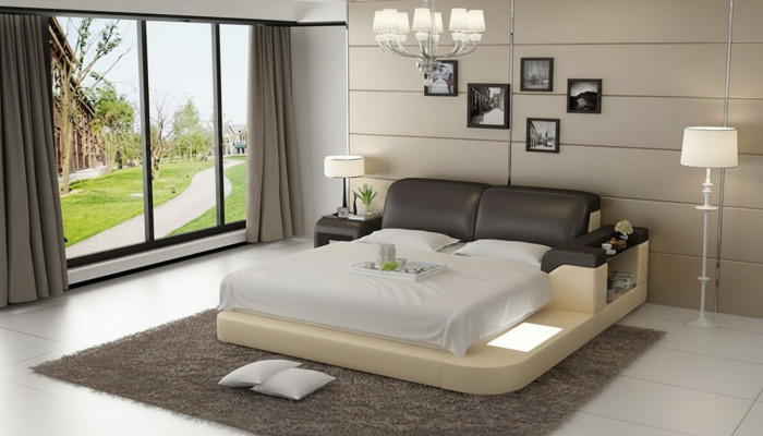 Design Bed XXL Big Beds Leather Upholstery Hotel 200x200cm Multifunction Shelf USB