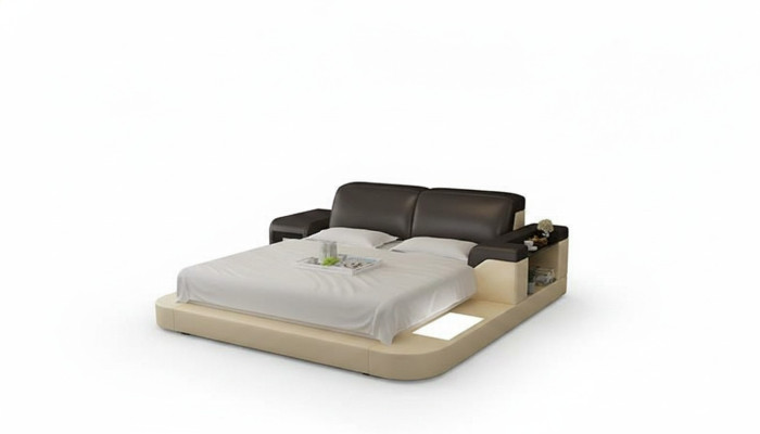 Design Bed XXL Big Beds Leather Upholstery Hotel 200x200cm Multifunction Shelf USB