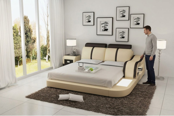 Design bed XXL big beds leather hotel upholstery 180x200 multifunction shelf USB