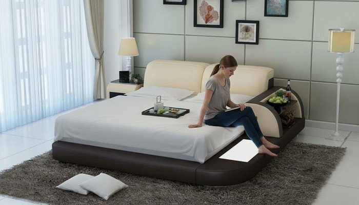 Design Bed XXL Big Beds Leather Hotel Upholstered 180x200 Multifunction Shelf USB
