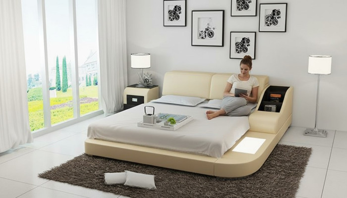 Design Bed XXL Big Beds Leather Hotel Upholstery 160x200cm Multifunction Shelf USB