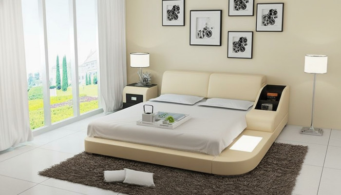 Design Bed XXL Big Beds Leather Hotel Upholstery 160x200cm Multifunction Shelf USB