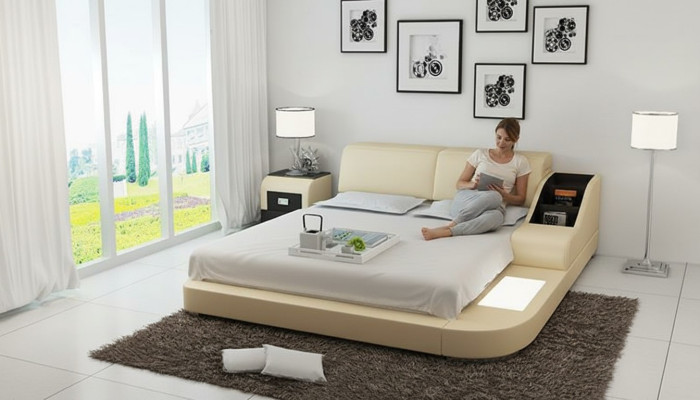 Design bed XXL big beds leather upholstery hotel 160x200cm multifunctional shelf USB