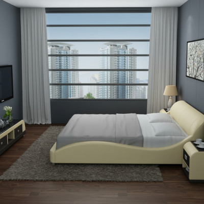 Design upholstered double bed modern beds bedroom with USB & shelf 200x210 cm