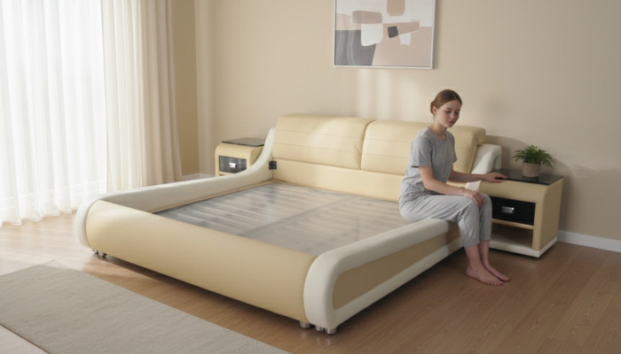 Double Luxury Leather Bed + USB Upholstered Beds Multifunction LB8831