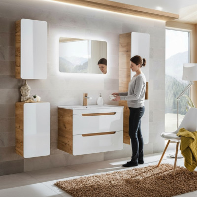 Design bathroom furniture, bathroom set, cabinet, washbasin, decor, lighting.
